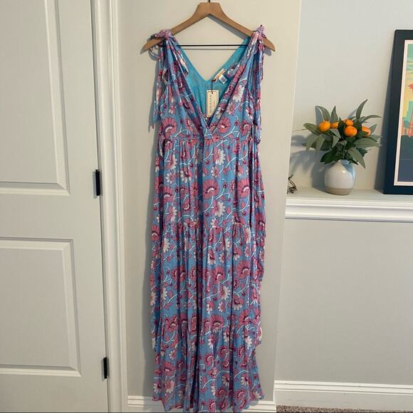 NWT Banjanan Carnation Floral Full Bloom Blue Pink Maxi Dress XS - Picture 16 of 16